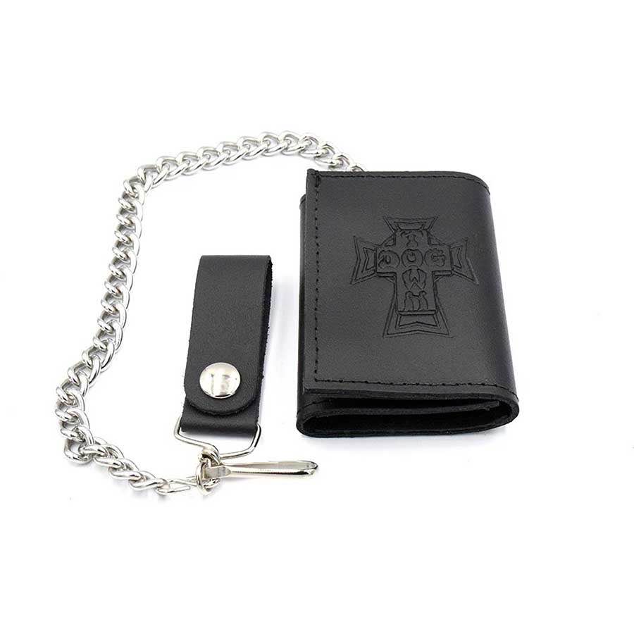 dogtown tri fold leather chain wallet black