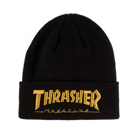 thrasher embroidered logo black gold beanie