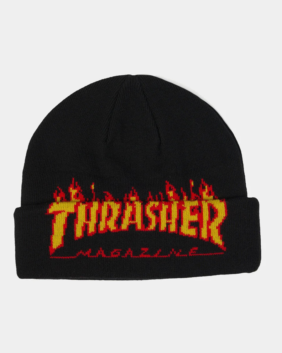 thrasher flame fold beanie black